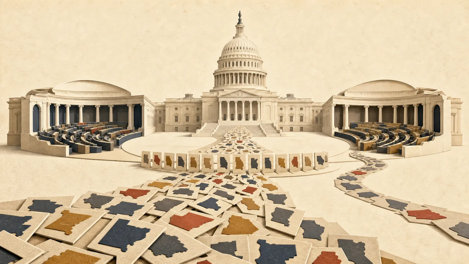Neutral state ballot tiles converge on the U.S. Capitol and separate House and Senate chambers.