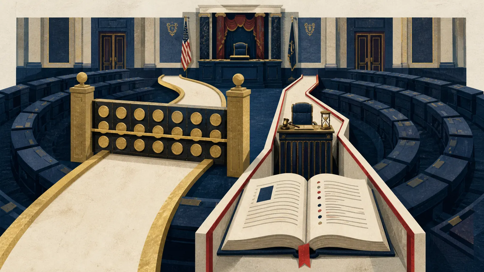 Senate chamber with separate gated and rulebook paths toward the presiding desk