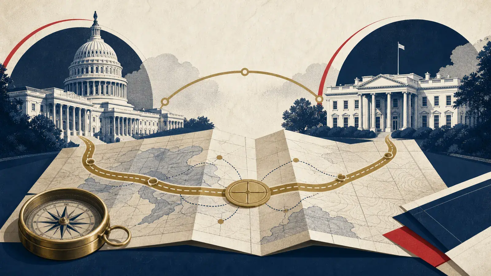 U.S. Capitol and White House connected across a folded strategic map